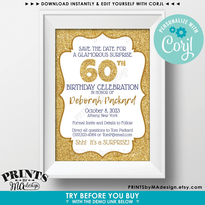May include: A white framed invitation with a gold glitter border and background. The text reads: Save the date for a glamorous surprise 60th birthday celebration in honour of Deborah Packard, October 8, 2023, Albany, New York. Shh! It's a surprise!