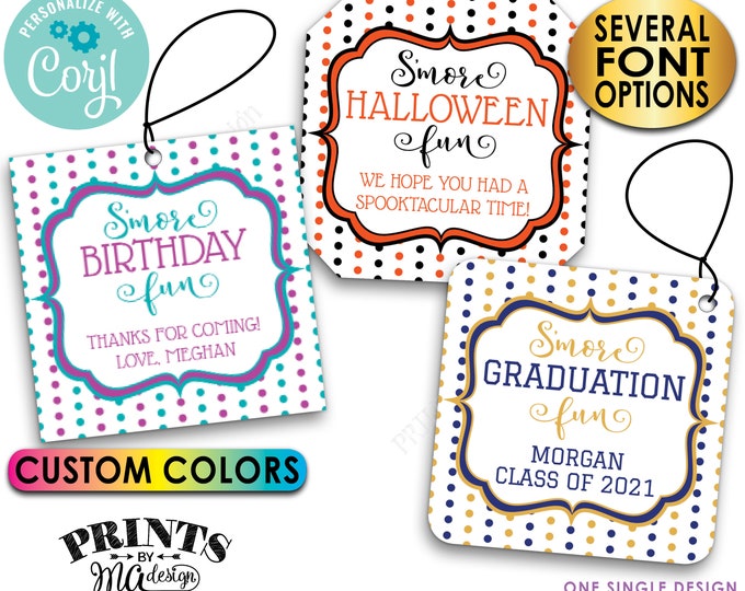 S'more Fun Party Favors, Birthday, Graduation, Custom Colors, 2" Tags/Cards, Digital PRINTABLE 8.5x11" File <Edit Yourself with Corjl>
