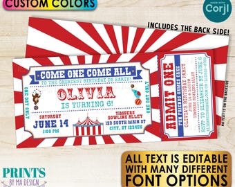 Circus Ticket Invitation, Custom Carnival Theme Invite, All Text Editable, Includes Back, One PRINTABLE 4x9" Ticket <Edit Yourself w/Corjl>