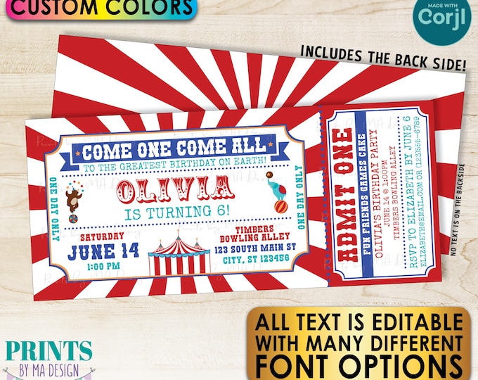 Circus Ticket Invitation, Custom Carnival Theme Invite, All Text Editable, Includes Back, One PRINTABLE 4x9" Ticket <Edit Yourself w/Corjl>