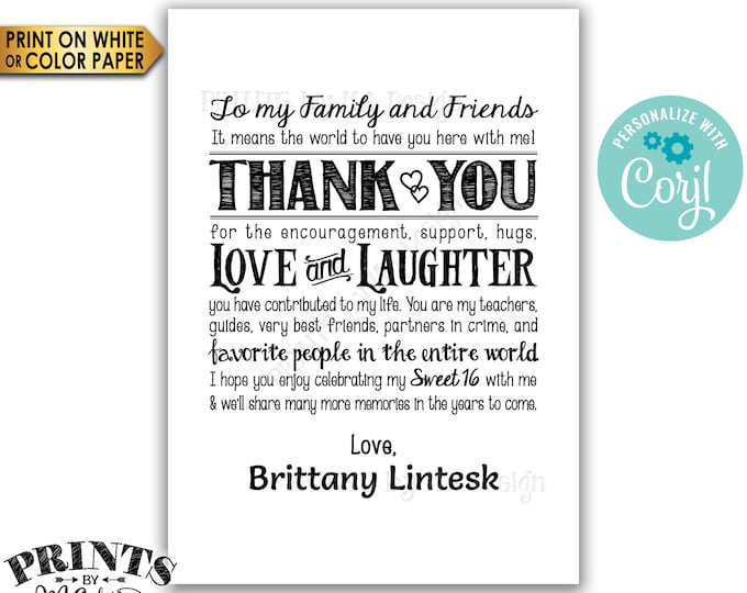 Sweet 16 Thank You Sign, Sweet Sixteen Birthday Party, PRINTABLE 5x7” 16th Bday Sign <Edit Yourself with Corjl>