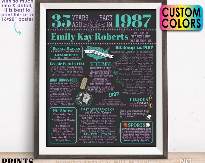 35th Birthday Poster Board, Back in 1987 Flashback 35 Years Ago B-day Gift, Custom PRINTABLE 16x20” Born in 1987 Sign
