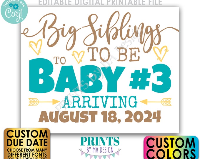 Baby #3 Pregnancy Announcement, Big Siblings to Be to Baby Number 3, PRINTABLE 8x10/16x20” Sign <Edit Yourself w/Corjl>