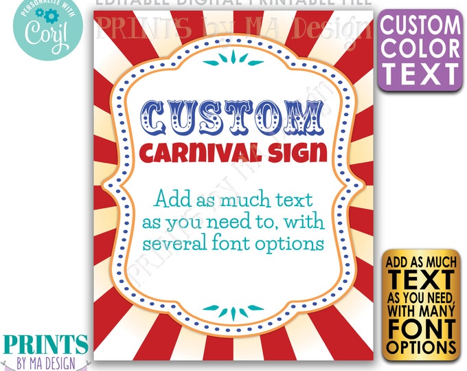 Custom Carnival Sign, Carnival Theme Party Sign, Circus Birthday Party, One PRINTABLE 8x10/16x20” Portrait Sign <Edit Yourself w/Corjl>