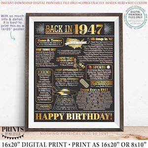 Back in 1947 Birthday Poster Board, Flashback to 1947 Birthday Decoration, ‘47 B-day Gift, PRINTABLE 16x20” Sign, Birthday Decor &lt;ID&gt;