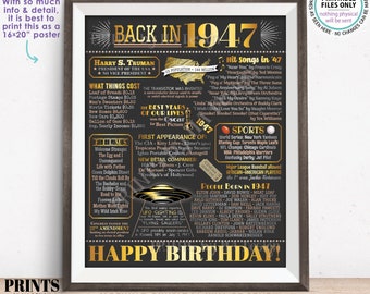 Back in 1947 Birthday Poster Board, Flashback to 1947 Birthday Decoration, ‘47 B-day Gift, PRINTABLE 16x20” Sign, Birthday Decor <ID>