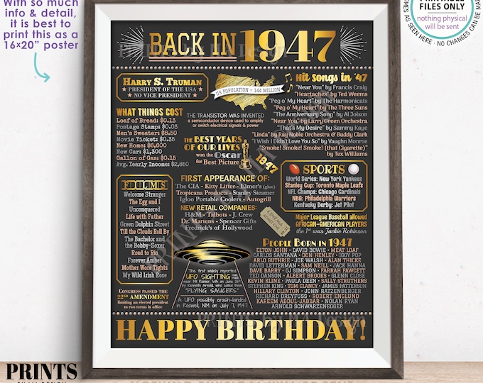 Back in 1947 Birthday Poster Board, Flashback to 1947 Birthday Decoration, ‘47 B-day Gift, PRINTABLE 16x20” Sign, Birthday Decor <ID>