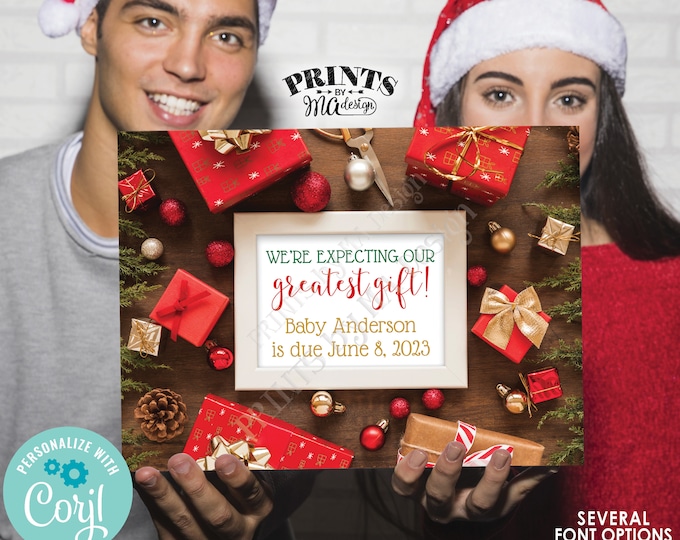 We're Expecting Our Greatest Gift Christmas Pregnancy Announcement, PRINTABLE 8x10/16x20” Baby Reveal Sign <Edit Yourself with Corjl>