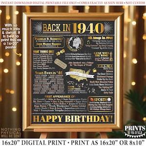 Back in 1940 Birthday Poster Board, Flashback to 1940 Birthday Decoration, 1940 B-day Gift, PRINTABLE 16x20” Sign, Birthday Decor &lt;ID&gt;