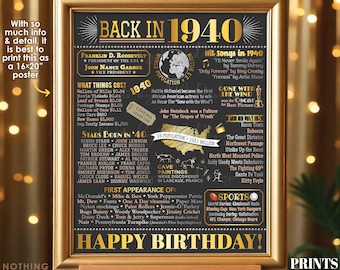Back in 1940 Birthday Poster Board, Flashback to 1940 Birthday Decoration, 1940 B-day Gift, PRINTABLE 16x20” Sign, Birthday Decor <ID>