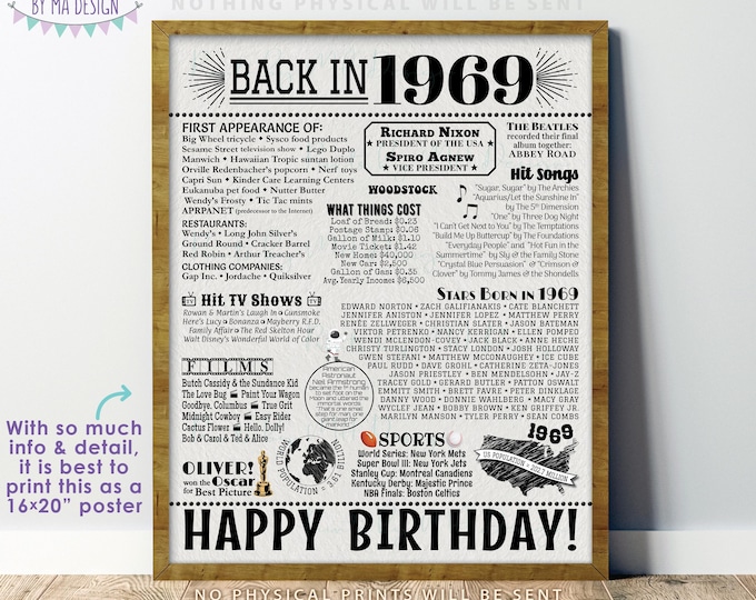 Back in 1969 Sign, '69 Birthday Board, Born in 1969 Poster, Flashback, Years Ago B-day Gift, PRINTABLE 16x20” Black/Gray B-day Sign <ID>