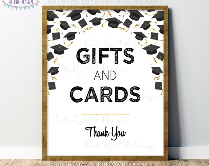 Gifts and Cards Graduation Party Sign, Gift Table Grad Decoration, Cards & Gifts, PRINTABLE 8x10/16x20” Sign, Flying Grad Caps <ID>