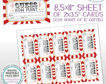 Guess How Many Carnival Guessing Game, Circus Theme Cards, Birthday Party, Festival, PRINTABLE 8.5x11” Sheet of 10 Cards <ID>