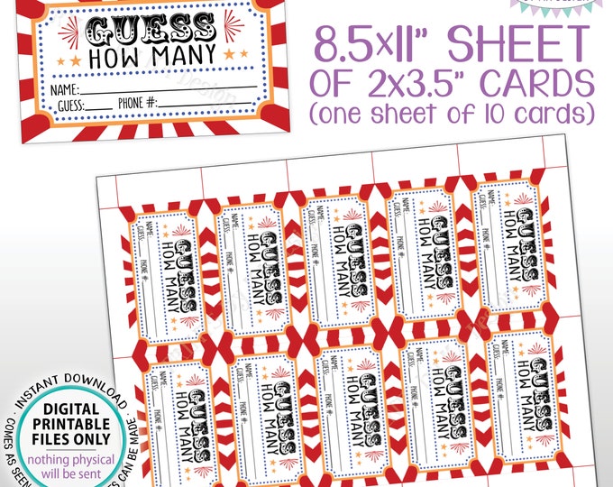 Guess How Many Carnival Guessing Game, Circus Theme Cards, Birthday Party, Festival, PRINTABLE 8.5x11” Sheet of 10 Cards <ID>