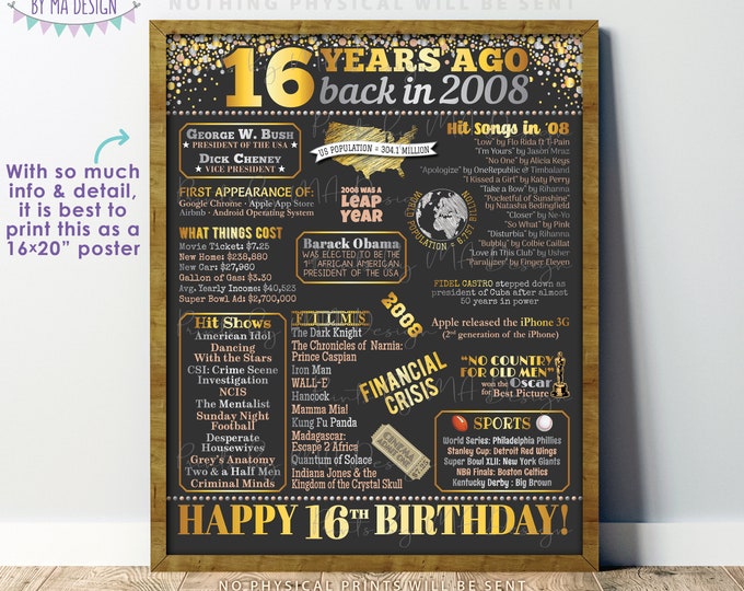 16th Birthday Poster Board, Born in the Year 2008 Flashback 16 Years Ago B-day Gift, Sweet 16, PRINTABLE 16x20 ” Back in 2008 Sign <ID>