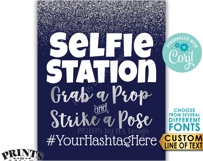 Silver Selfie Station Sign, Share on Social Media Instagram Facebook, Black/Silver Glitter PRINTABLE 8x10” Sign <Edit Yourself with Corjl>