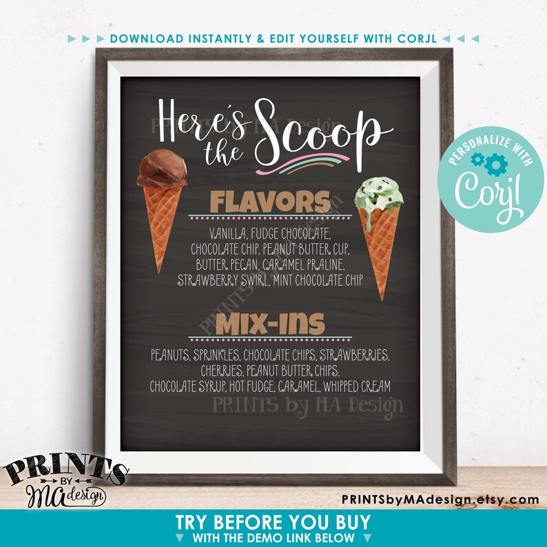Ice Cream Flavors & Toppings Sign Here's the Scoop Ice Etsy