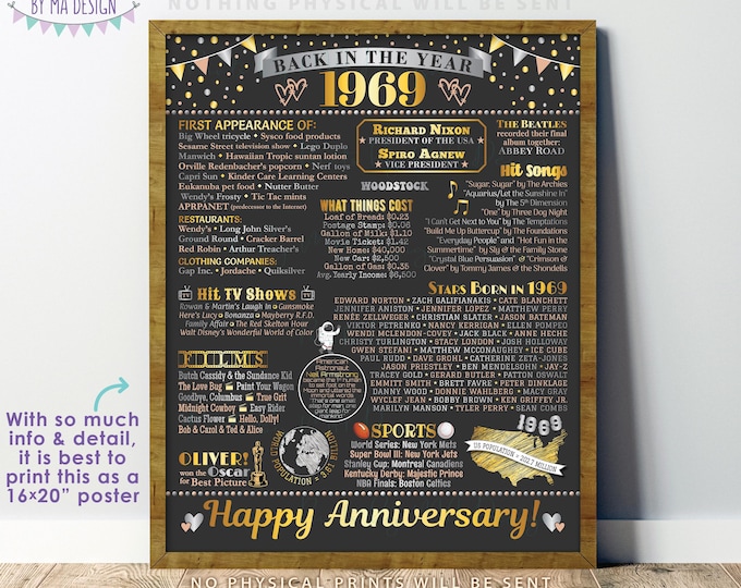 Back in the Year 1969 Anniversary Sign, Flashback to 1969 Anniversary Decor, Anniversary Gift, PRINTABLE 16x20” Poster Board <ID>