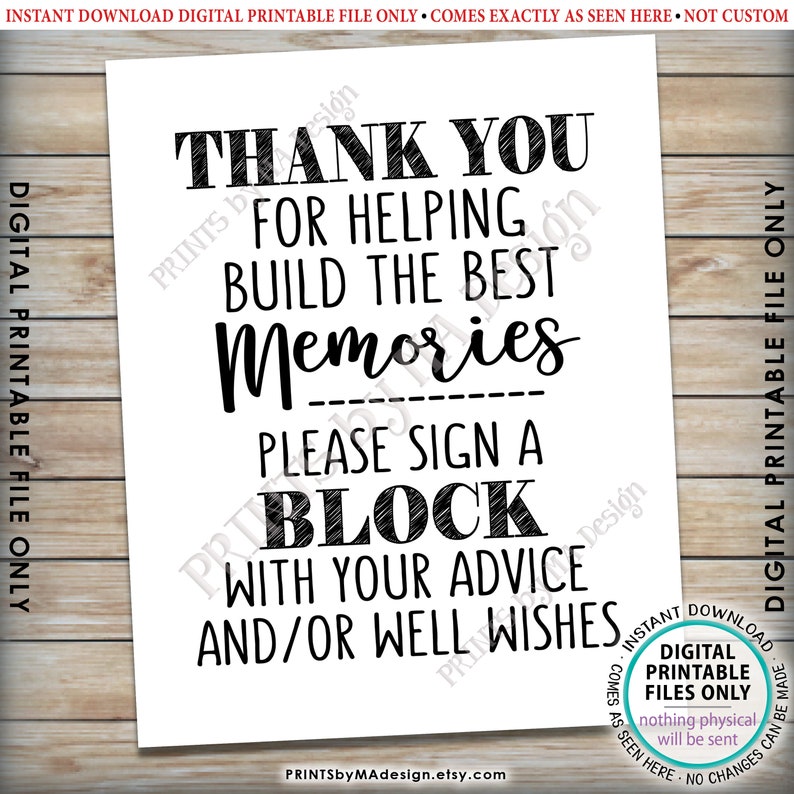 Thank You for Helping Build the Best Memories, Sign a Block with Advice, Graduation or Retirement Party, PRINTABLE 8x10 B&W Sign ID image 2