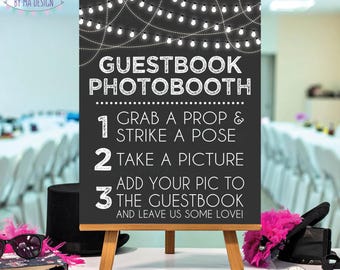 Guestbook Photobooth Sign, Add photo to the Guest Book Photo Booth Wedding Sign, PRINTABLE 8x10/16x20” Sign, Gray and White, Lights <ID>