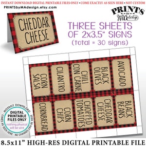 Étiquettes Chili Bar, Lumberjack Chili Station, Construisez votre propre bol de chili, 30 étiquettes préremplies Red Checker, IMPRIMABLES <ID>8,5x11 »