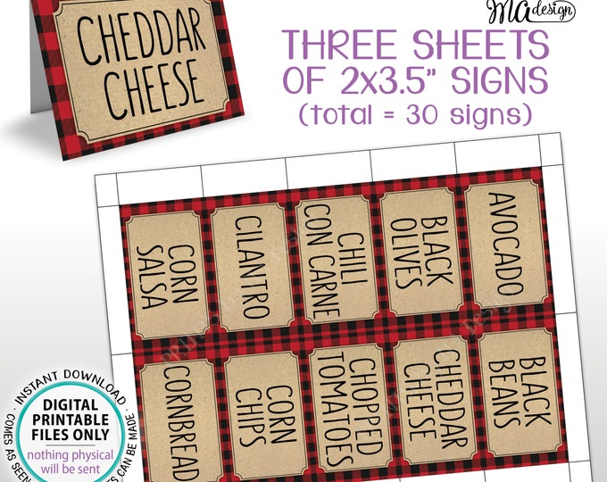 Chili Bar Labels, Lumberjack Chili Station, Build Your Own Bowl of Chili, 30 Red Checker Pre-filled Labels, PRINTABLE 8.5x11” Sheets <ID>