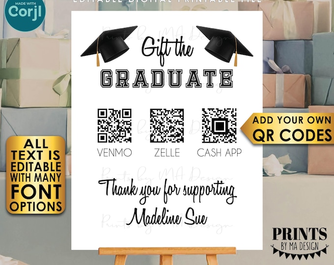 Editable Graduation Party QR Code Sign, Donate to the Grad, Custom PRINTABLE 8x10/16x20” Portrait Sign <Edit Yourself w/Corjl>