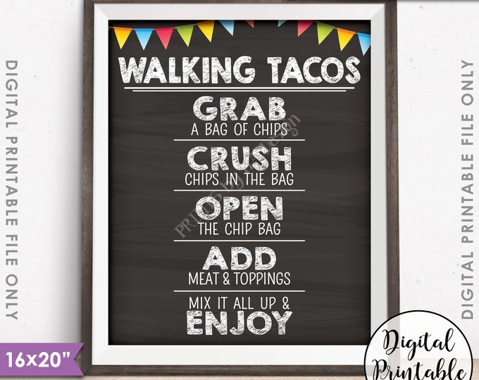 Walking Tacos Sign, Taco Bar, Taco Sign Fiesta Cinco de Mayo Sweet Sixteen Birthday, 8x10/16x20” Chalkboard Style Printable Instant Download