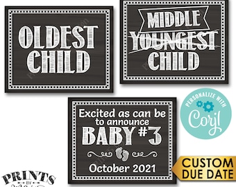 3rd Baby Pregnancy Announcement, Oldest Middle Youngest, PRINTABLE 16x20” Chalkboard Style Baby #3 Reveal Signs <Edit Yourself with Corjl>