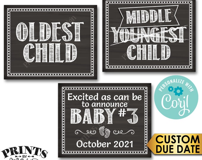3rd Baby Pregnancy Announcement, Oldest Middle Youngest, PRINTABLE 16x20” Chalkboard Style Baby #3 Reveal Signs <Edit Yourself with Corjl>