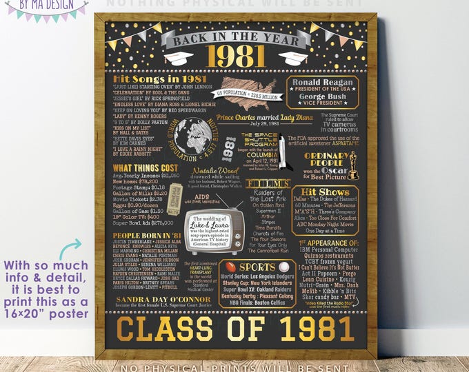 Back in 1981 Poster Board, Graduating Class of 1981 Reunion Decoration, Flashback to 1981 High School Reunion, PRINTABLE 16x20” Sign <ID>