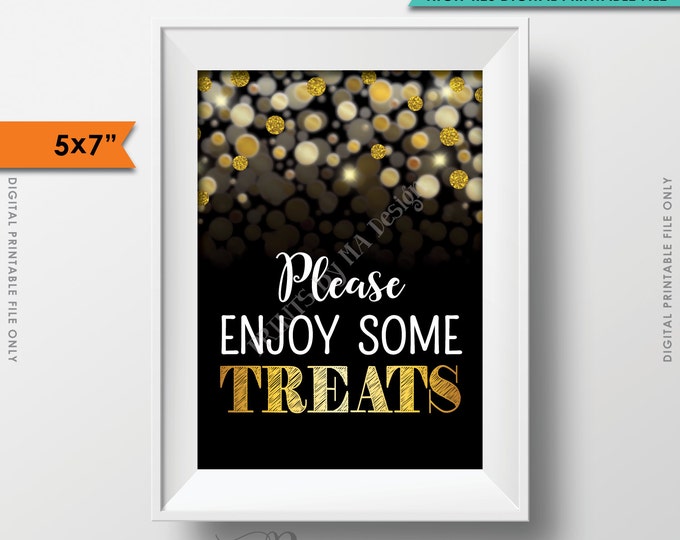 Treats Sign, Enjoy Some Treats, Dessert, Birthday, Anniversary, Retirement, Graduation, Black & Gold Glitter Instant Download 5x7” Printable