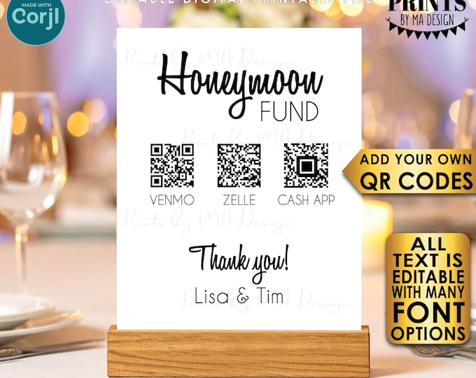 Editable Honeymoon Fund QR Code Sign, Donate to the Newlyweds, Custom PRINTABLE 8x10/16x20” Portrait Sign <Edit Yourself w/Corjl>