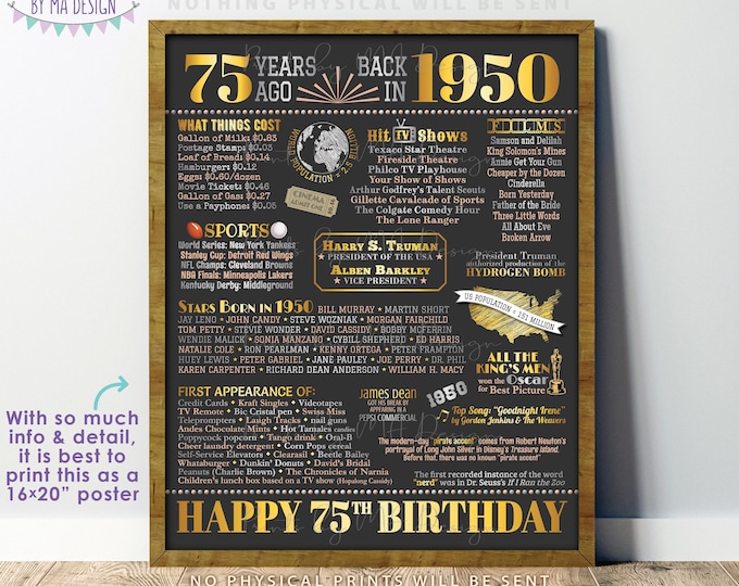 Back in the Year 1950 Birthday Sign, 75th Birthday Poster Board, Flashback 75 Years Ago B-day Gift, PRINTABLE 16x20” Born in 1950 Sign <ID>