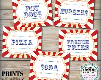 Carnival Food Signs, Circus Theme Party, Concessions, Hot Dogs, Burgers, Pizza, French Fries, Soda, PRINTABLE 8x10/16x20” Food Signs <ID>