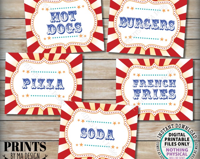 Carnival Food Signs, Circus Theme Party, Concessions, Hot Dogs, Burgers, Pizza, French Fries, Soda, PRINTABLE 8x10/16x20” Food Signs <ID>