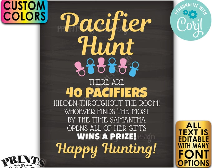 Baby Shower Pacifier Hunt Game Sign, Pacifier Scavenger Hunt, Custom PRINTABLE 8x10/16x20" Chalkboard Style Sign <Edit Yourself w/Corjl>