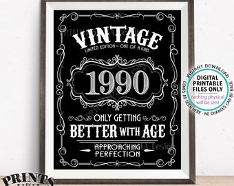 1990 Birthday Sign, Better with Age Vintage Birthday Poster, Whiskey/Liquor Theme, Black & White PRINTABLE 8x10/16x20” 1990 Sign <ID>