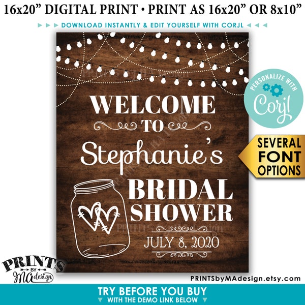 Bridal Shower Welcome Sign, Lights & Jar Wedding Shower Sign, PRINTABLE 8x10/16x20” Rustic Wood Style Sign <Edit Yourself with Corjl>