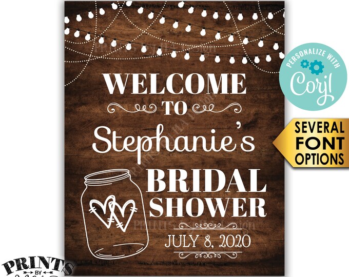 Bridal Shower Welcome Sign, Lights & Jar Wedding Shower Sign, PRINTABLE 8x10/16x20” Rustic Wood Style Sign <Edit Yourself with Corjl>