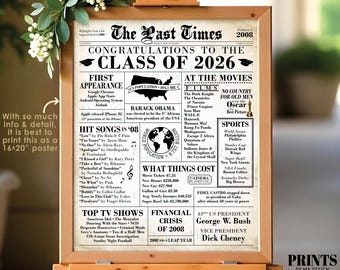 Class of 2026 Fun Facts, Back in the year 2008 Newspaper, Born in 2008 Flashback, PRINTABLE 16x20” Sign, Graduation Party Decoration <ID>