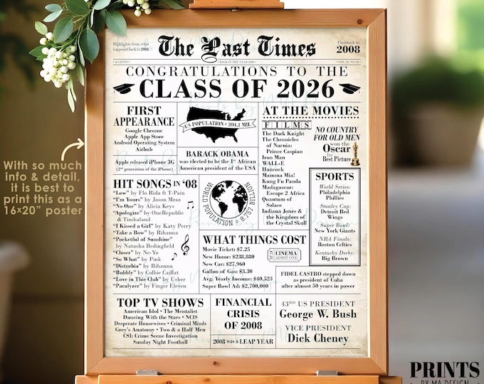 Class of 2026 Fun Facts, Back in the year 2008 Newspaper, Born in 2008 Flashback, PRINTABLE 16x20” Sign, Graduation Party Decoration <ID>