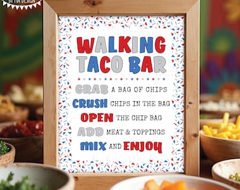 Walking Taco Bar Sign, Patriotic 4th of July Party, Mexican Fiesta, PRINTABLE 8x10/16x20” Walking Tacos Sign, Confetti Border <ID>
