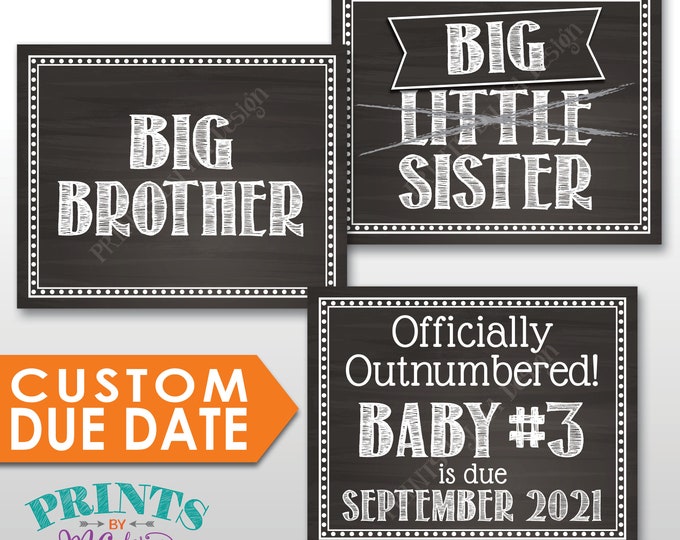 3rd Baby Pregnancy Announcement, Officially Outnumbered, Big Sister or Big Brother, Baby Number 3 PRINTABLE Chalkboard Style  Baby #3 Signs