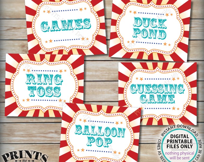 Carnival Games Signs, Carnival Theme Party, Ring Toss, Balloon Pop, Duck Pond, Guessing Game, Circus, Teal, PRINTABLE 8x10/16x20” Signs <ID>