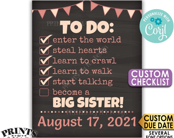 To Do List Pregnancy Announcement, Become a Big Sister, PRINTABLE Chalkboard Style CUSTOM CHECKLIST Sign <Edit Yourself with Corjl>