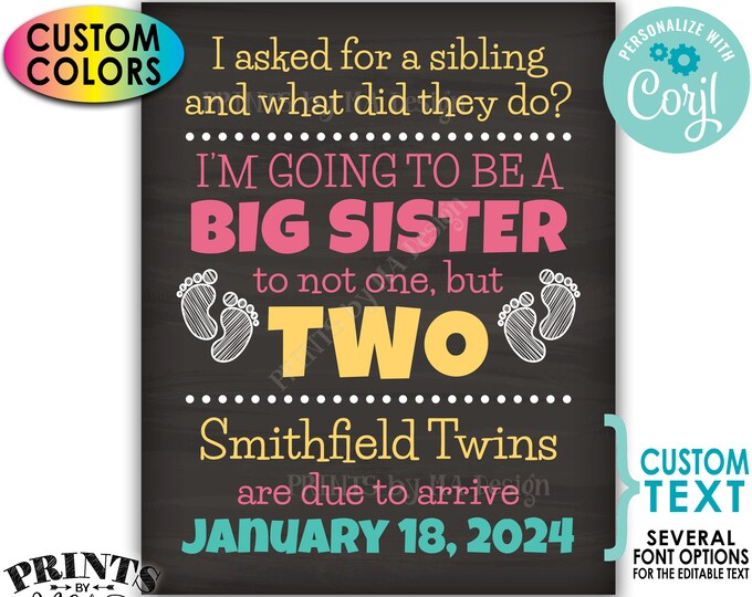 Twins Pregnancy Announcement Sign, Promoted to Big Sister to Twins, PRINTABLE 8x10/16x20” Chalkboard Style Sign <Edit Yourself with Corjl>