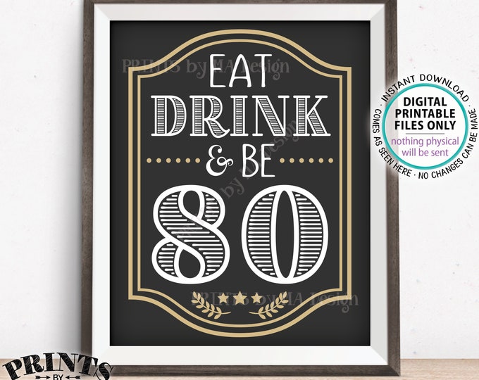 Eat Drink & Be 80 Sign, 80th B-day Party Decor, Cheers and Beers to 80 Years, Eightieth Birthday, PRINTABLE 8x10/16x20” 80th Bday Sign <ID>