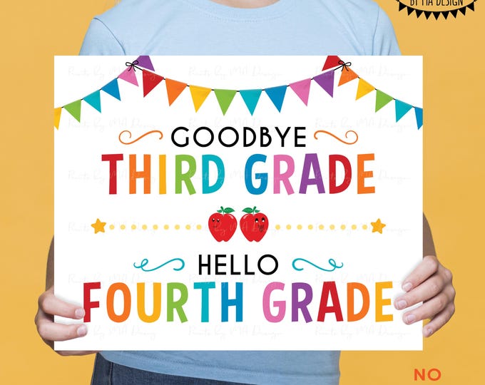 Goodbye Third Grade - Hello Fourth Grade, Last Day of 3rd Grade, Moving on to 4th Grade, PRINTABLE 8x10/16x20” Last Day of School Sign <ID>