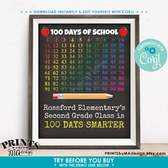 100 Days of School Sign, Custom PRINTABLE 8x10/16x20 Chalkboard Style 100th  Day of School Poster edit Yourself With Corjl - Etsy